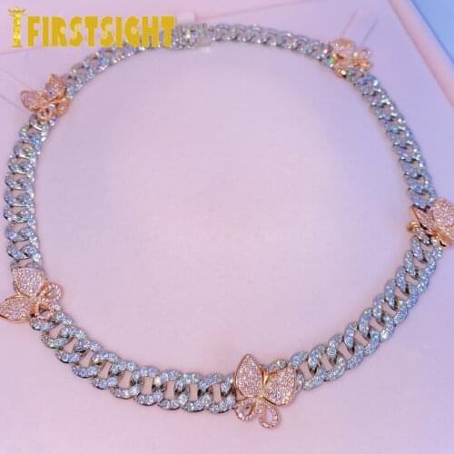 Hiphop 10mm Micro Mini Cuban Butterfly Necklace CZ Cuban Link Chains Choker Luxury Bling Bling Women Fashion Jewelry