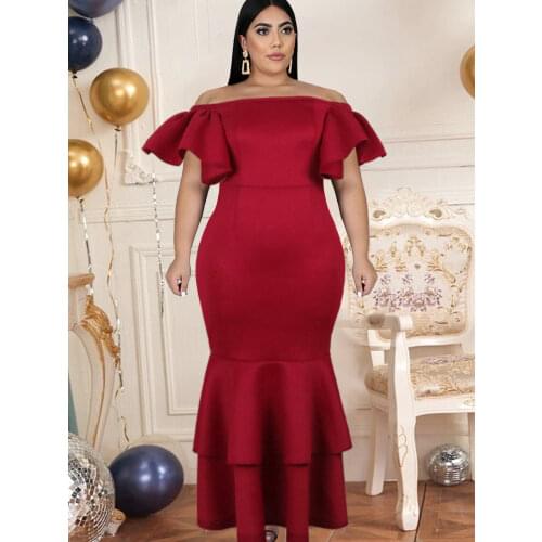 Bare Shoulder Long Prom Dresses Plus Size Ruffles Sleeve Sexy Bodycon Mermaid Christmas Evening Birthday Party Gown Dress 2021