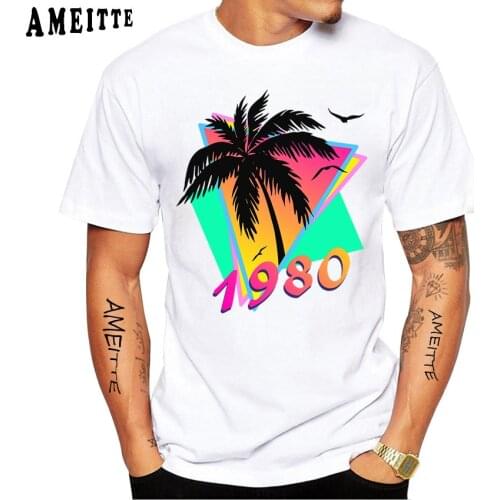 1980s Tropical Sunset Print T-Shirt New Summer Men Short Sleeve Boy Casual Tops Harajuku Vintage Natural Lovers White Tees