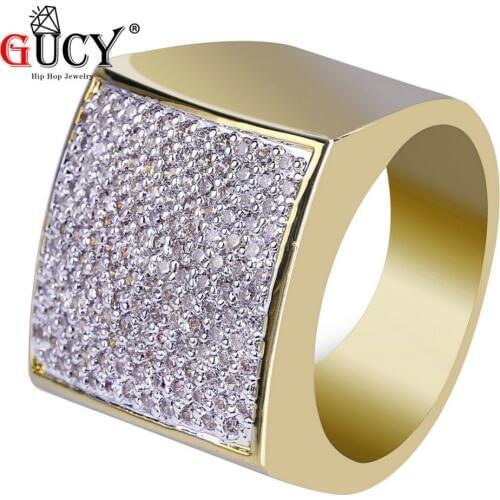 GUCY Gold Color Plated Heavy Rings All Iced Out Hip Hop Wedding Engagement Bling Micro Pave CZ Square Pinky Mens Ring