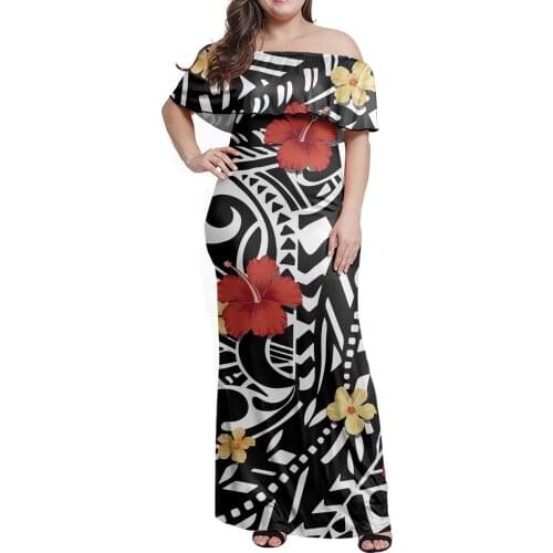 Hycool Fashion Polynesian Tribal Off Shoulder Black Dresses Women Plus Size Hawaii Flowers Island Dresses For Summer Beach Party