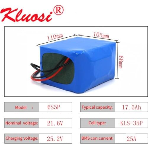 KLUOSI 24V 17.5Ah 21.6V 18Ah 6S5P 25.2V Lithium Battery Pack with 25A BMS for Electric Bicycle Ebike Scooter Wheelchair Cropper