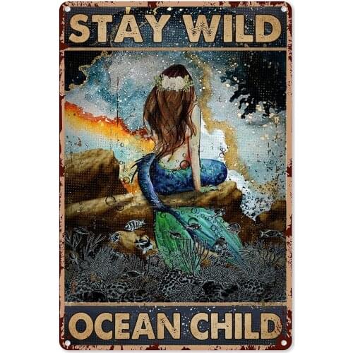 Metal Tin Wall Card Stay Wild Ocean Child Animal Protector Living Room Room Decoration Retro Vintage Metal Sign 8X12 Inches
