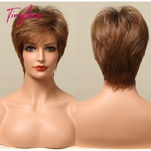 TINY LANA Honey Brown Synthetic Wig with Side Bangs Futura Hair Wig for White Women Short Natural Cosplay Heat Resistant Fiber