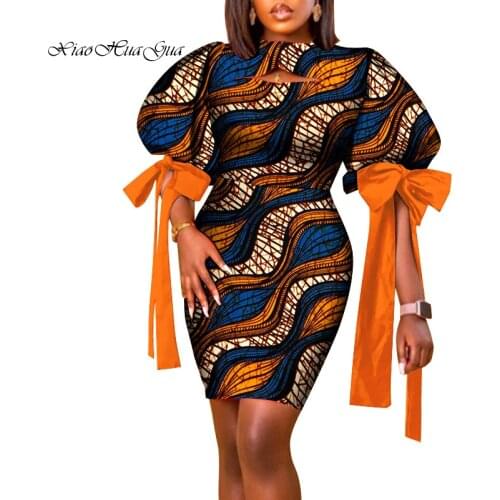 2021 Ankara African Dresses African Clothing Puff Sleeve Customized New African Print Bazin Riche Mini Dress For Women WY8938
