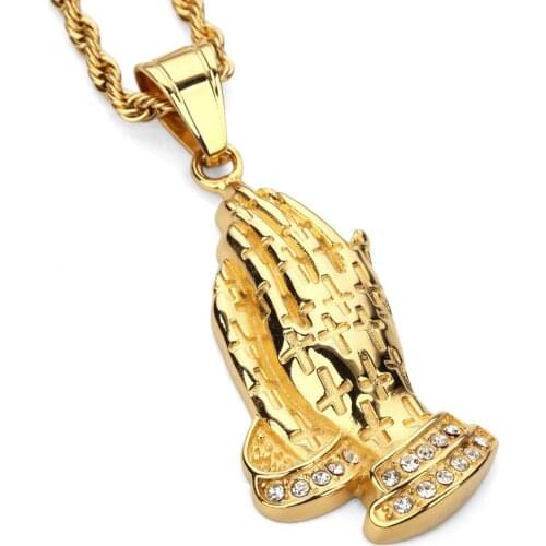 Mens Stainless Steel Praying Hands Pendant Necklace Rope Chain Fashion Bling Gold Labmade European and American Trend Jewelry