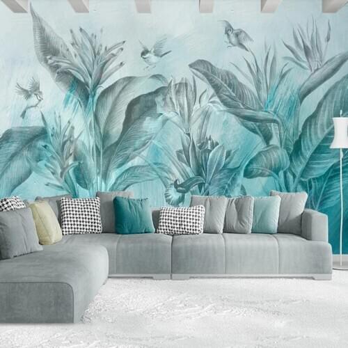 Milofi custom mural wallpaper 3D Nordic hand-painted blue tropical plants background wall decoration mural wallpaper