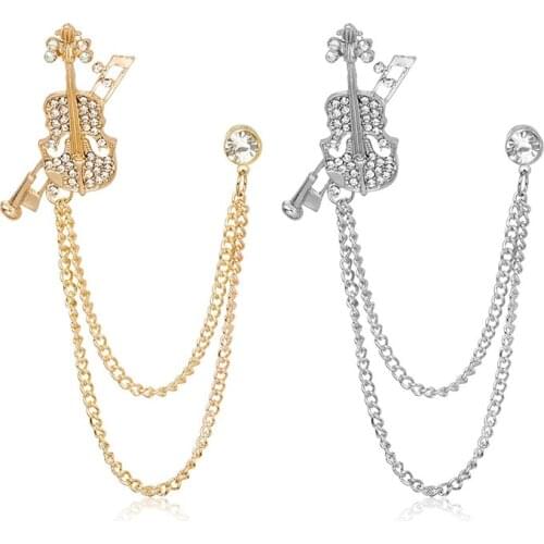 New Crystal Violin Brooch Pin Rhinestone Tassel Chain Lapel Pins and Brooches for Men Suit Shirt Badge Fashion Jewelry Gifts