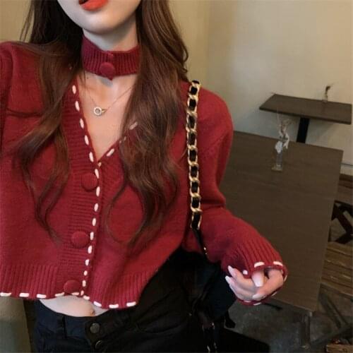 Autumn Short Cardigan Sweater Women High Waist Loose Long Sleeve V-neck Sweater Womens Purple Kint Coat Female