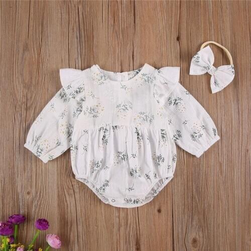 Baby Floral Clothes Toddler Girls Ruffle Long Sleeve O-neck Rompers Jumpsuit+Bowknot Headband Autumn Summer Baby Clothing