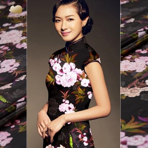 Peony digital inkjet silk heavy satin fabric 25mm glossy cheongsam dress chinese silk fabric wholesale silk cloth 114cm