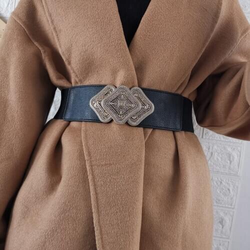 Vintage Big Buckle Belts For Women Alloy Buckles Waistbands Dress Black Wide Elastic Cummerbunds Coat Girls Fashion Waist Seal