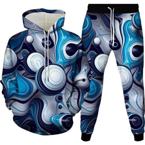 Spring Fall Clothes Men Fashion Long Sleeve Abstract Mural Pattern Print Hoodie+Trouser Set Women Sportwear Tracksuit Size S-6