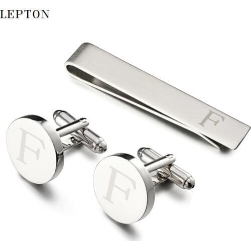 Lepton Round Laser Letter Cufflinks And Tie Clips Set Letters F Cuff links For Mens French Shirt Cuffs Cufflink Relojes Gemelos