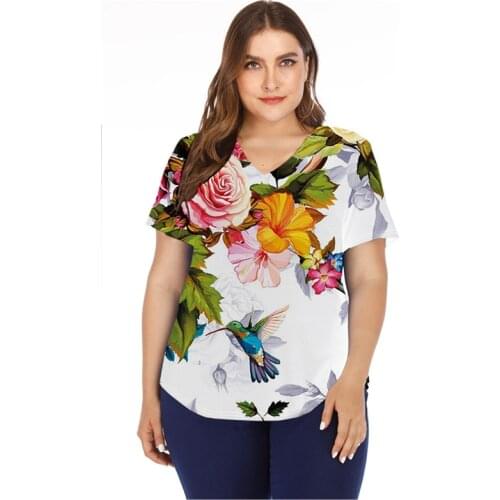 Plus Size Women 3D Floral Print T Shirt Fashion Tops Summer Short Sleeve V-Neck Femme Shirt Casual Streetwear Women Clothes 2021