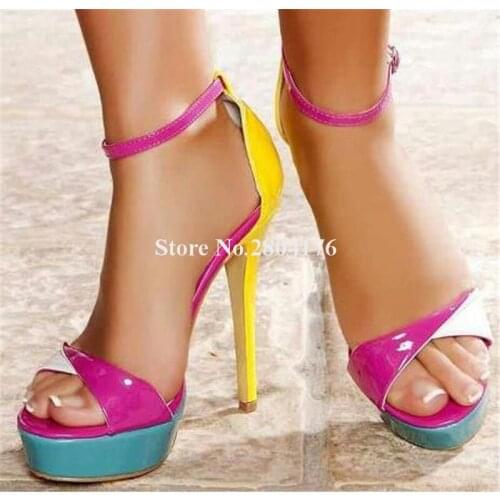 Newest Women Open Toe Patchwork High Platform Stiletto Heel Sandals Mixed-colors Ankle Strap High Heel Sandals Club Shoes