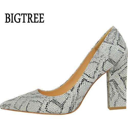BIGTREE 2020 NEW Womens Pumps Pointed Toe Silver Snake Women Shoes Sexy Square Heel High Heels Party Wedding Shoes Woman 5239-9