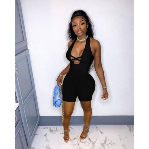 Echoine Summer V-neck Hollow Out Cross Bandage Halter Sleeveless Playsuit Skinny Romper Fitness Jumpsuit Backless Sexy Party