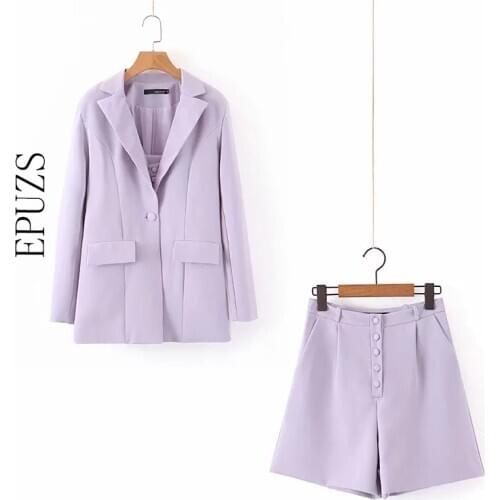 Elegant purple blazer two piece set Autumn office long sleeve blazer set+high waist biker shorts set women two piece outfits