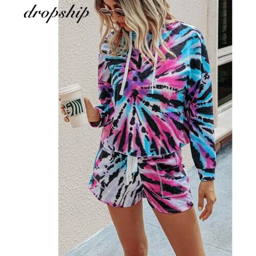 Fashion Hooded 2 Piece Women Sets Casual Top And Shorts Long Sleeve Tie-dye Female Pants Suits Autumn Tracksuits Outfits 2020