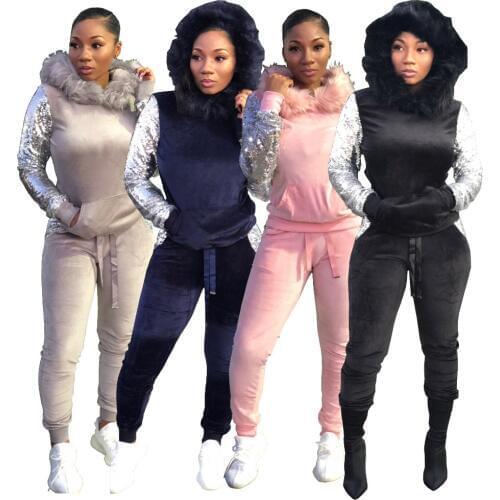 Sequin Winter two piece set women outfits hoodies top and pants Pantsuits Suit Sets clothes