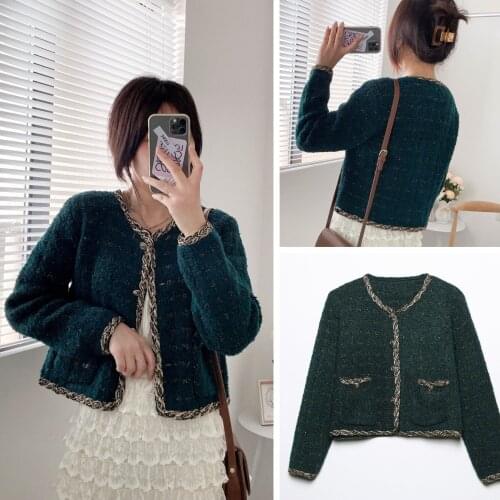 ZXQJ Women 2021 Fashion Patchwork Checked Tweed Jacket Coat Vintage Long Sleeve Frayed Trim Female Outerwear Chic Tops