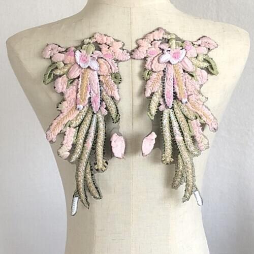 1 Pair Pink Embroidery Angel Wing Applique Sewing Flower Collar Patch Wedding Party Gown Bridal Dress Clothes DIY