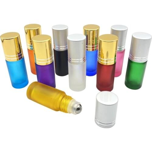 20pcs Portable Travel Essential Oil Perfume Sample Bottle Refillable 5ml Frosted Colorful Thick Glass Roll Vial Empty Container