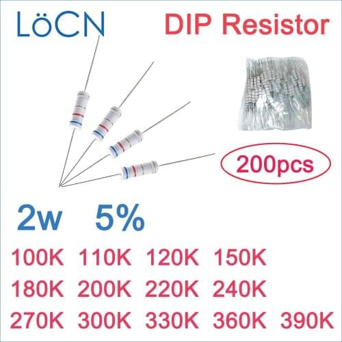 200pcs 5% 2W Carbon Film Resistor DIP 100K 110K 120K 150K 180K 200K 220K 240K 270K 300K 330K 360K 390K OHM Color ring