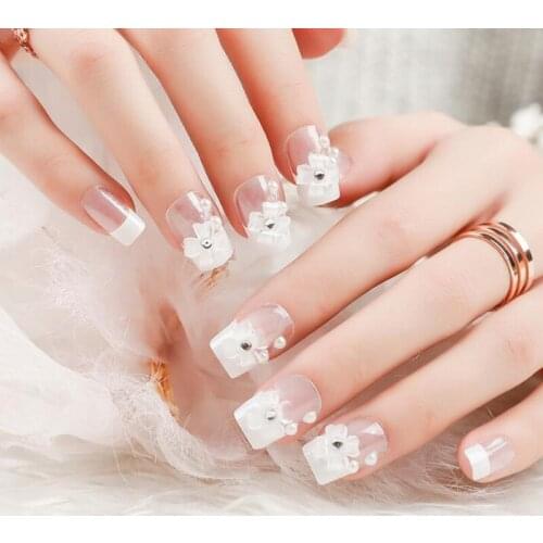 24Pcs/Set White Flower Fake Nails French Style Fake False Nails Tips Acrylic Full Artificial Press On Nails Sticker