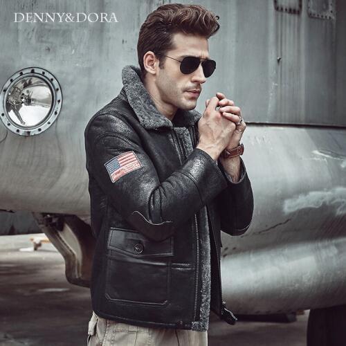Black Shearling Sheepskin B3 Aviator Jacket Short Fur Leather Jacket Winter Casual Coat Mens Slim Handsome Jacket