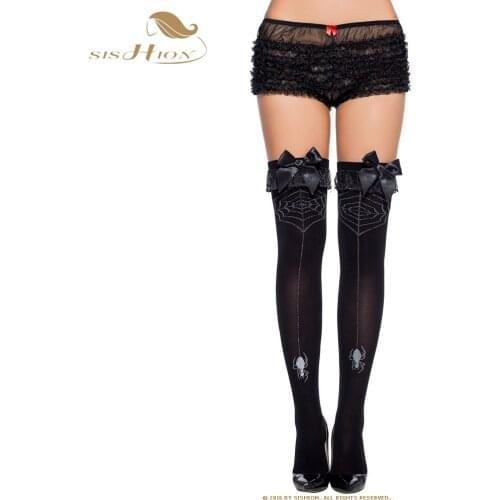 SISHION Stocking with Spider Web Pattern Retro Vintage 60s Over Knee Thigh High Temptation Stretch Nylon Stockings Black VS0004