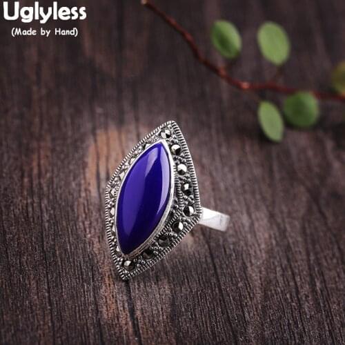 Uglyless Exotic Rhombus Open Rings for Women Simulated Lapis Gemstones Rings Marcasite Thai Silver Geometric Square Jewelry R881