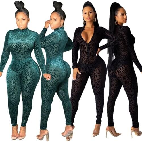 Mesh See Though Print Bodycon Jumpsuit Woman Long Sleeve Front Zipper V Neck One Piece Overall Rompers Skinny Night Club Outfits