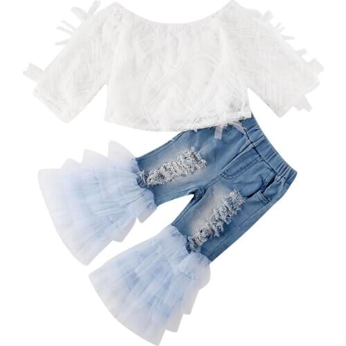 1-6Y Fashion Summer Toddler Kids Baby Girls Clothes Sets White Lace Tops T-shirt Denim Long Pants Jeans Outfits Set