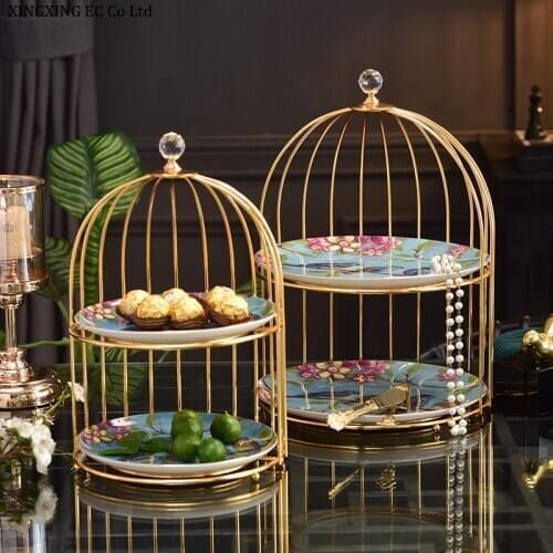 Creative Double-layer Fruit Plate Nordic Exquisite Bird Cage Cake Stand Household Tableware Dessert Snack Dish Ceramic Tray