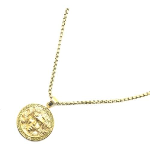 Unisex 316L Stainless Steel Cool Gold-Color Medusa Green Stone Pendant Chain Newest