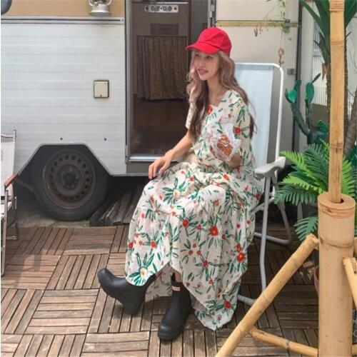 Summer Ladies Han Edition Holiday Wind Flowers Round Collar Loose Dress with Short Sleeves of the Dress