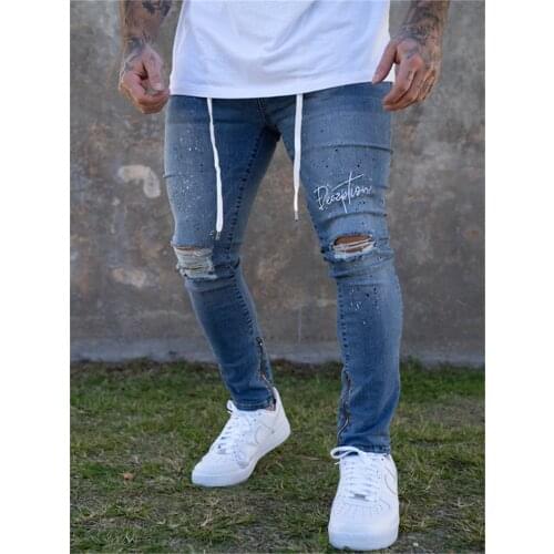 Mens Trousers Large Size Fashion Casual Joker Tight Fitting Blue Holes Small Feet Paint Tie Midwaist Jeans