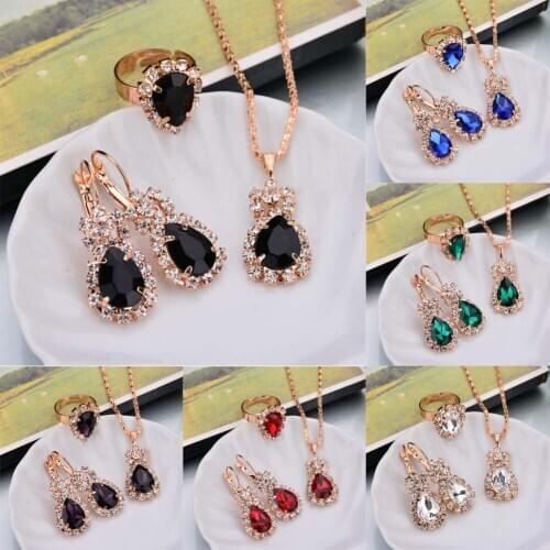 Fashion Personality Water Drop Zircon Necklace Earring Ring Set For Woman Shiny Luxury Wedding Banquet Jewelry three-piece Set