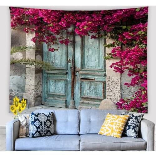 Aesthetic Tapestry Wall Hanging Winter Vintage Wooden Door And Red Flower Vines Outside The Courtyard Home Decor Wall Tapestries