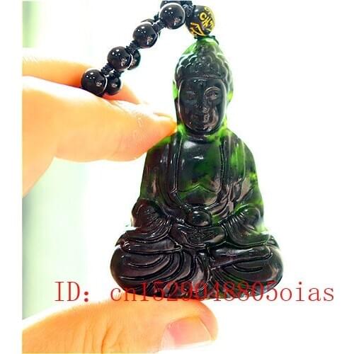 Natural Black Green Chinese Jade Buddha Pendant Beads Necklace Charm Jewelry Fashion Accessories Carved Amulet Gifts for Men Her