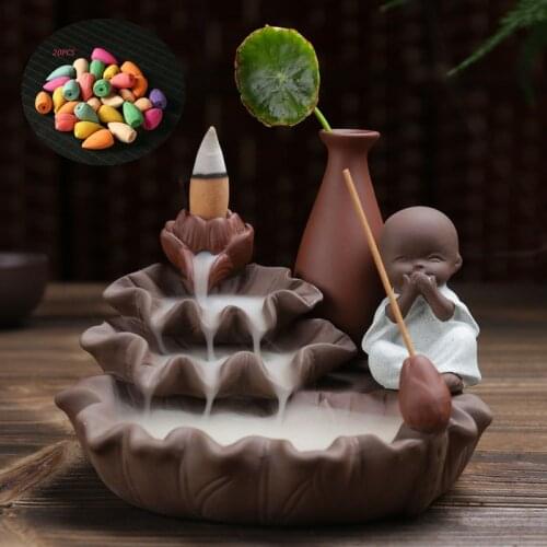 Newest Free Cone Incense Holder Smoke Fountain Monk Zen Waterfall Backflow Purple Clay Incense Burner Living Room Decorations
