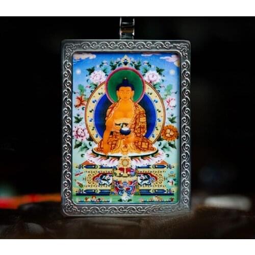 Tibetan Titanium Steel Shakyamuni Buddha Thangka Garwoo Box Amulet Pendant