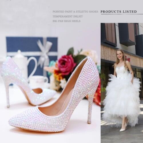 2019 Pointed Toe Rhinestone Wedding Dress Shoes High Heel Cinderella Party Prom Pumps Glitter White AB Crystal Bride Shoes