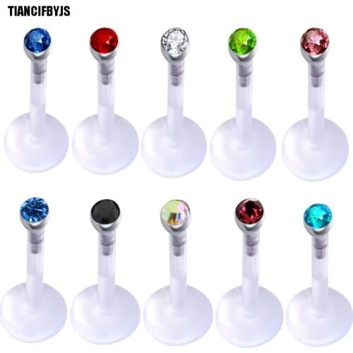 TIANCIFBYJS CZ Jeweled Flexible Bioplastic Acrylic Push-in Lip Piercing Rings Labret Monroe Studs Tragus Cartilalge Body Jewelry