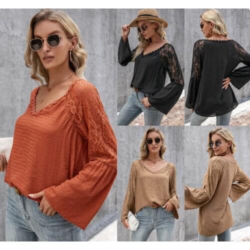 Spring Autumn Fashion Sexy Deep V Neck Woemns T Shirt Tops 2021 Casual Flared Sleeves Lace Patchwork Hollow Out Ladies T Shirts