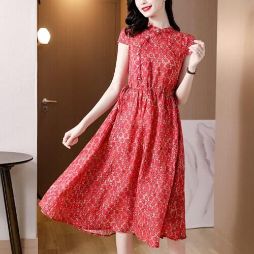 Chinese Style Red Print Vintage Ramie Midi Dress 2021 Summer New Casual 3XL Plus Size Elegant Dress Women Bodycon Party Vestidos