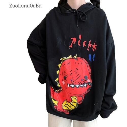 Spring Autumn Women Coat Black Cartoon Pick Dinosaur Long Sleeve Sweatshirt Thin Hooded Pullover