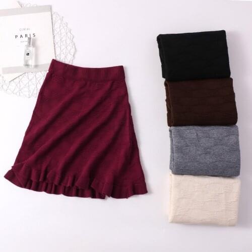 SINGRAIN Women Ruffle Knitted Skirt Winter College Style Faldas Mujer Autumn Solid Saias Elastic Casual A-Line Sweater Skirt